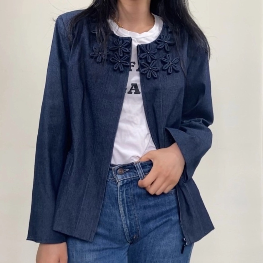 Vintage Trenz by Theresa Renz Dark Wash Blue Denim Jacket 3D Floral Women’s XL